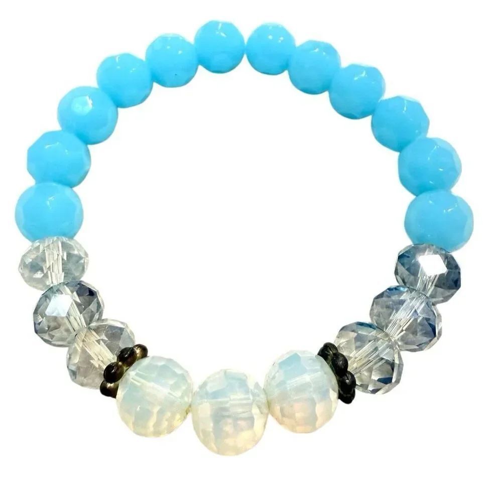 NWOT Etsy Faceted Glass Beads Stretch Blue & White Beaded Bracelet
